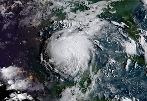 Satellite photo of Hurricane Harvey making landfall in the US.