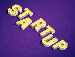 Startup in yellow 3D text with light bulbs on purple backdrop.