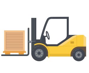 Yellow forklift with box.