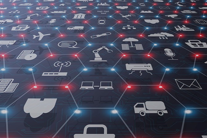 Industry 4.0 concept with connect networks between systems represented as icons.